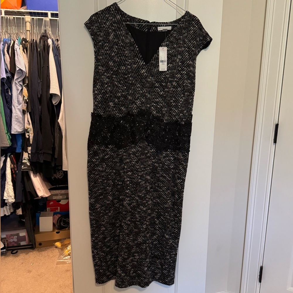 New York & Company Black and White Sheath Dress with Lace Waist